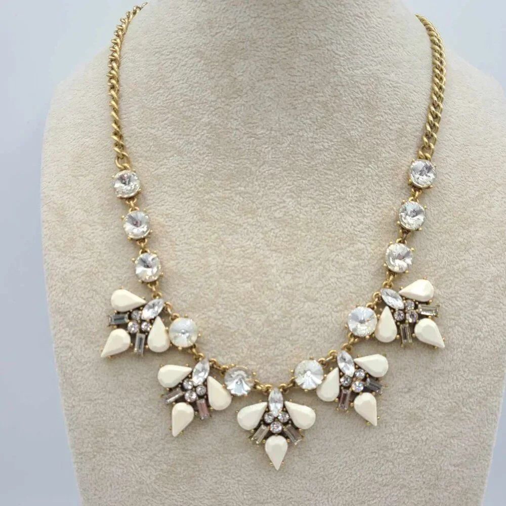 J Crew White Resin Statement Necklace with Large Clear Round Set Crystals